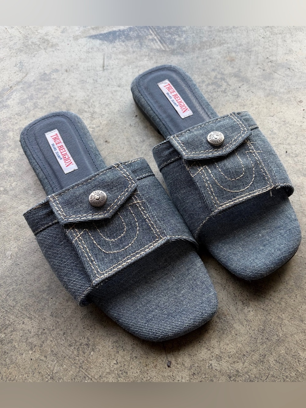True Religion Glo Jean Pocket Denim Slip On Sandals Logo Accent
